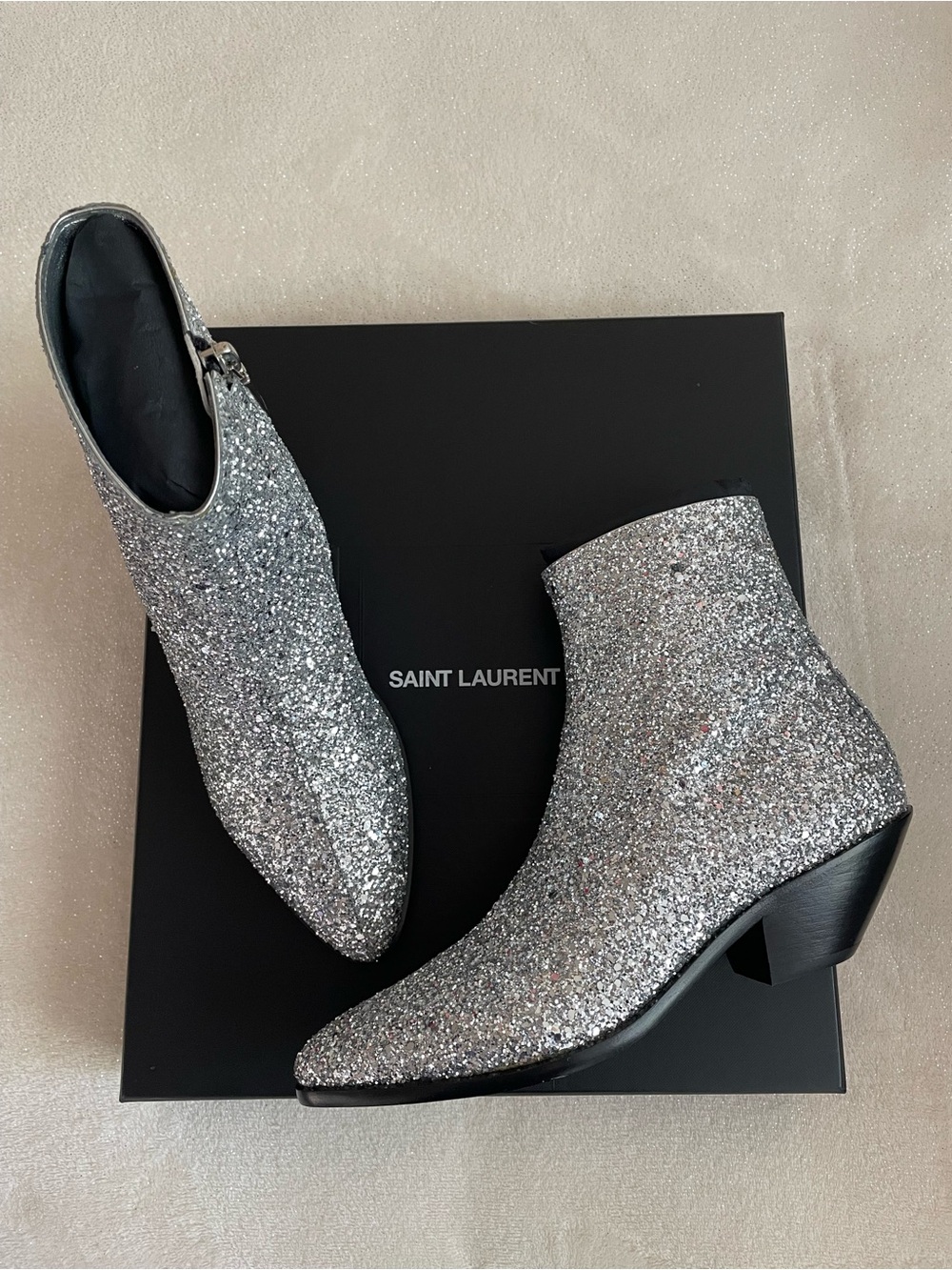 SAINT LAURENT West 45 Zip Bootie in Glitter Crystal Argento UNWORN Heeled Bootie